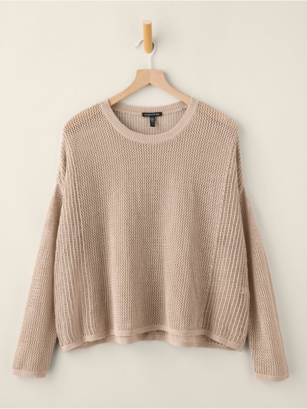 Eileen Fisher Organic Linen & Cotton Open Weave Crewneck Sweater Large Tan
